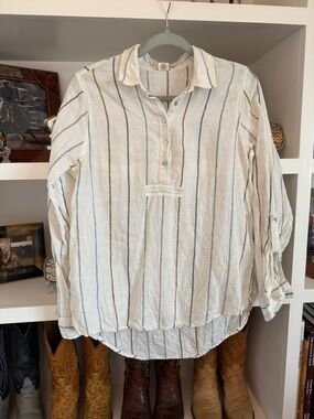 Artisan Ny Linen Striped Button Pullover - Cream with Blue & Gray Stripes